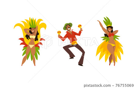 Brazilian Samba Dancer in Bright Feathered Costume and Musician Playing Maraca Vector Set Brazilian Samba Dancer in Bright Feathered Costume and Musician Playing Maraca Vector Set 76755069