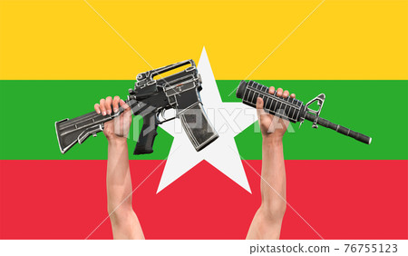 Myanmar man break a gun in an act of symbolism against dictator on flag background 76755123