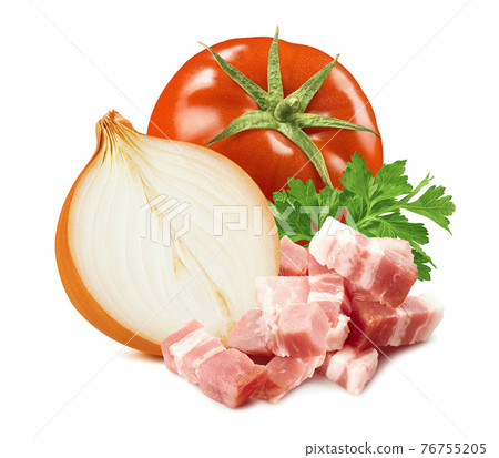 Tomato, onion, parsley and ham isolated on white background Tomato, onion, parsley and ham isolated on white background 76755205