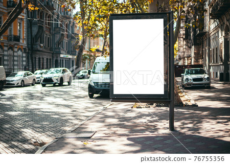 Blank street billboard template banner on background summer city street for design presentation Blank street billboard template banner on background summer city street for design presentation 76755356