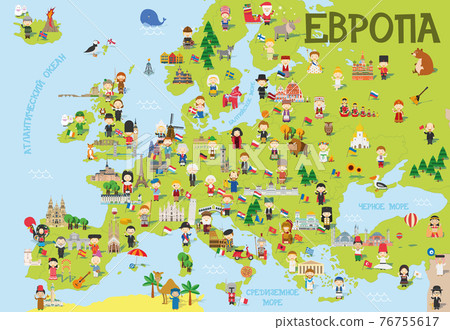 Funny cartoon map of Europe in russian with childrens of different nationalities, representative monuments, animals and objects of all the countries. Vector illustration for preschool education and Funny cartoon map of Europe in russian with childrens of different nationalities, representative monuments, animals and objects of all the countries. Vector illustration for preschool education and 76755617