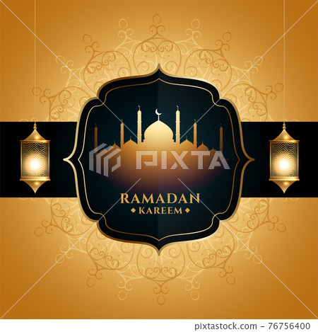 golden ramadan kareem greeting with mosque and lantern 76756400