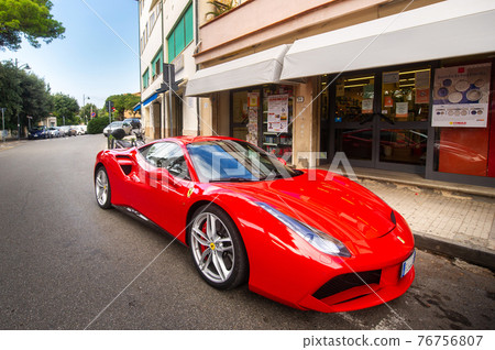 October 10, 2018 Castiglioncello, Tuscany, Italy. Italian sports car Ferrari 488 GTB on a city street 76756807