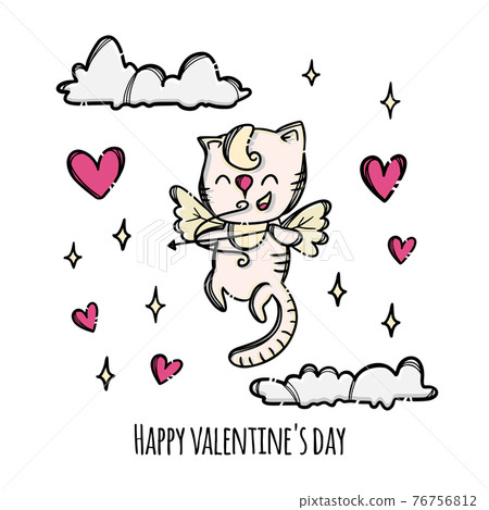 HAPPY VALENTINE Day Kitten Cupid Shoots A Bow Flying In The Sky Surrounded By Flying Hearts Hand Drawn Cartoon Animal Clip Art Vector Illustration Set For Print HAPPY VALENTINE Day Kitten Cupid Shoots A Bow Flying In The Sky Surrounded By Flying Hearts Hand Drawn Cartoon Animal Clip Art Vector Illustration Set For Print 76756812