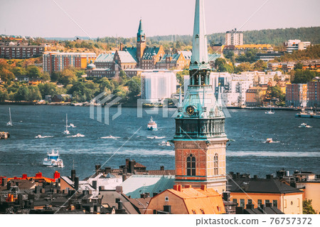 Stockholm, Sweden. Scenic View Of Skyline At Summer Day. Elevated View Of German St Gertrude's Church. Famous Popular Destination 76757372