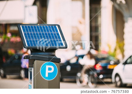 Stockholm, Sweden. Parking Machine Equipped With A Solar Battery For Recharging From Solar Energy Light. Electronic Payment That Issues A Permit To Parking Car. 76757380