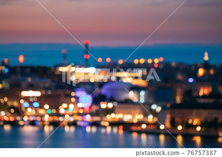 Stockholm, Sweden. Night Skyline Abstract Boke Bokeh Background. Design Backdrop. Klara Church In Night Lighting Stockholm, Sweden. Night Skyline Abstract Boke Bokeh Background. Design Backdrop. Klara Church In Night Lighting 76757387