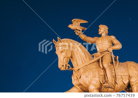 Vitebsk, Belarus. Monument To Algirdas With Falcon In Hand On Background Starry Sky Vitebsk, Belarus. Monument To Algirdas With Falcon In Hand On Background Starry Sky 76757439