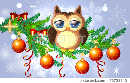 Greeting Christmas card Cute Cartoon Owl with Christmas tree on a blue background 76758540