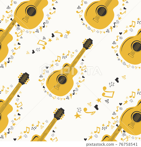 Hand-drawn musical seamless pattern with country guitar, stars, notes, symbols, objects and elements. 76758541