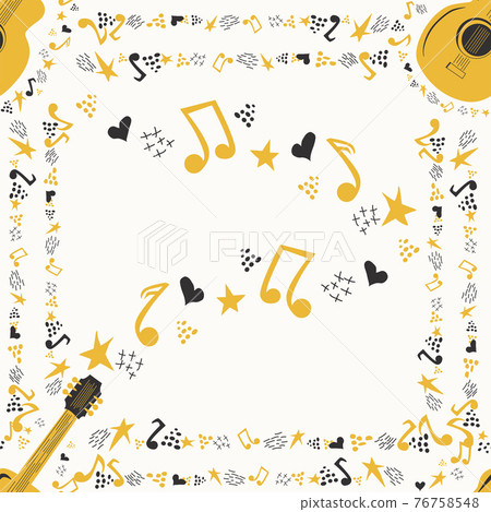 Musical seamless pattern with music notes, guitar. Hand-drawn country guitar, stars and elements. 76758548