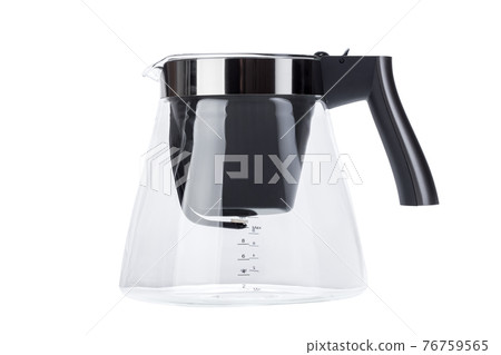 glass transparent flask for drip coffee maker with filter and valve for brewing a drink, kitchen household appliances object with handle and measuring scale isolated on white background. glass transparent flask for drip coffee maker with filter and valve for brewing a drink, kitchen household appliances object with handle and measuring scale isolated on white background. 76759565