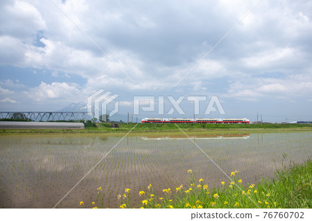 Limited express Tsugaru with paddy fields and Mt. Iwaki in June Limited express Tsugaru with paddy fields and Mt. Iwaki in June 76760702