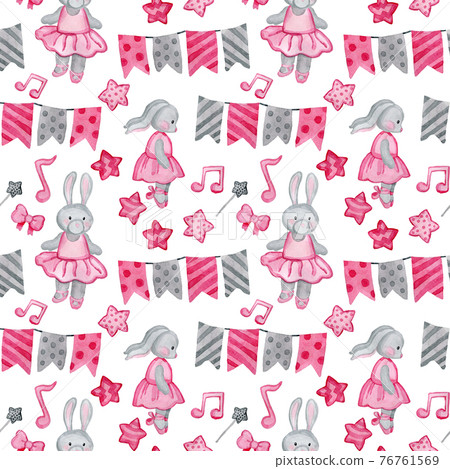 Hand drawn watercolor kid's pattern with bunny toy, dress, Pink accent.Children background 76761569