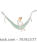 Illustration of a young woman brushing her teeth in a hammock 76761577