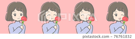 Illustration of a young woman smiling at Mother's Day person facial expression difference 4 patterns carnation Illustration of a young woman smiling at Mother's Day person facial expression difference 4 patterns carnation 76761832