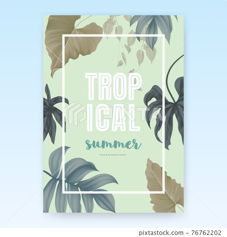 Summer poster template design, tropical green leaves on light green background, pastel vintage style 76762202