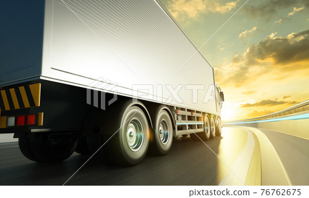 Rear angle view of delivery truck run on the road Rear angle view of delivery truck run on the road 76762675