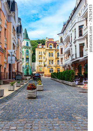 Colorful houses of Vozdvizhenka elite district in Kiev, Ukraine Colorful houses of Vozdvizhenka elite district in Kiev, Ukraine 76763455