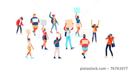 Activists with placards, peaceful rights protest, manifestation, men and women parade participation. Parade rights, adult picket and strike. People hold banners. Cartoon Flat vector illustration. 76763977