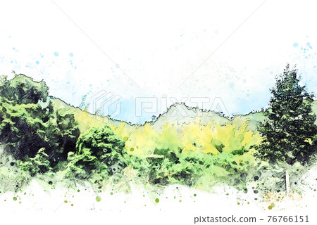 Abstract color mountain peak and tree watercolor illustration painting background. Abstract color mountain peak and tree watercolor illustration painting background. 76766151