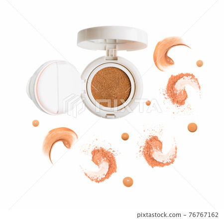 Powder cushion with smear and dots of liquid make-up foundation in shape of dialog cloud. Cosmetic face powder isolated on white background. 76767162