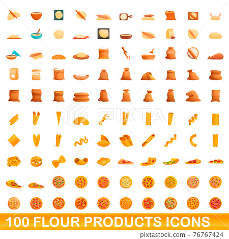 100 flour products icons set, cartoon style 76767424