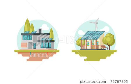 Solar Battery and Wind Turbine Providing Residential House with Electricity Vector Set 76767895