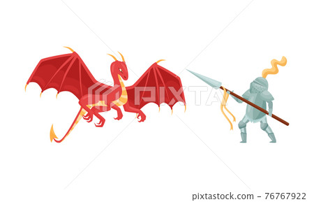 Brave Medieval Knight in Armored Suit Holding Shield and Weapon Fighting with Fire Breathing Dragon Vector Illustration 76767922