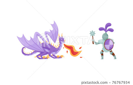 Brave Medieval Knight in Armored Suit Holding Shield and Weapon Fighting with Fire Breathing Dragon Vector Illustration Brave Medieval Knight in Armored Suit Holding Shield and Weapon Fighting with Fire Breathing Dragon Vector Illustration 76767934