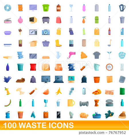 100 waste icons set, cartoon style 76767952
