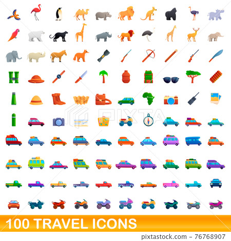 100 travel icons set, cartoon style 100 travel icons set, cartoon style 76768907