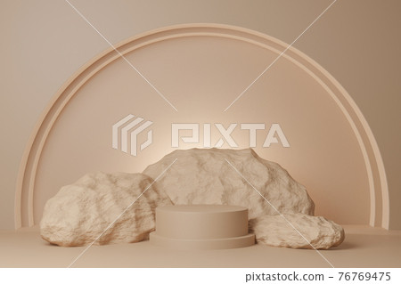3D of Circle podium brown pastel color with Rock. Mock-up showcase for product branding banner and cosmetics product. Product presentation minimal. 3D of Circle podium brown pastel color with Rock. Mock-up showcase for product branding banner and cosmetics product. Product presentation minimal. 76769475
