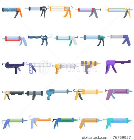 Silicone caulk gun icons set, cartoon style 76769937