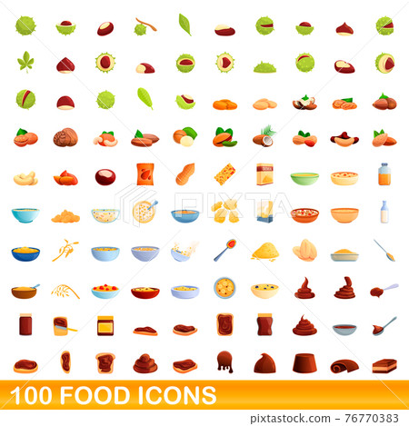 100 food icons set, cartoon style 76770383