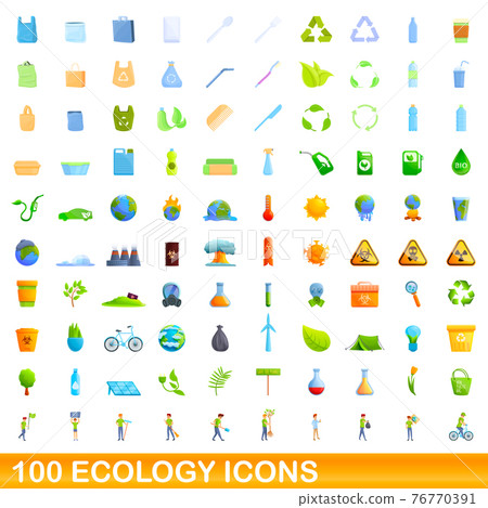 100 ecology icons set, cartoon style 76770391