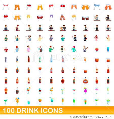 100 drink icons set, cartoon style 76770392