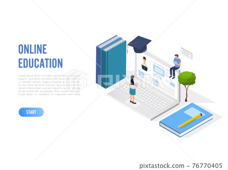 Online education concept banner with characters. Can use for web banner, infographics, hero images. Flat isometric vector illustration isolated on white background. Online education concept banner with characters. Can use for web banner, infographics, hero images. Flat isometric vector illustration isolated on white background. 76770405