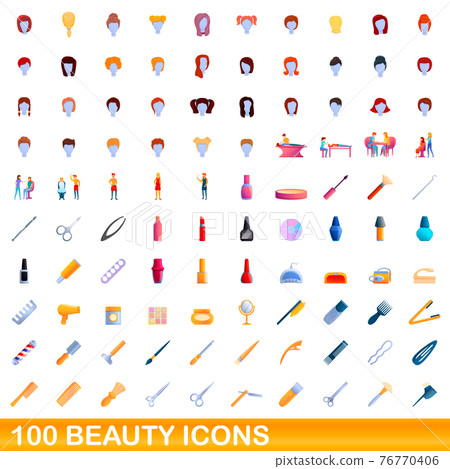 100 beauty icons set, cartoon style 76770406