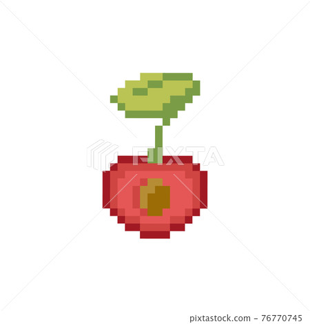 Pixel art half cherry icon. Pixel retro game half cherry with seed symbol. 8 bit or 16 bit style half a cherry icon for game or web design. Cute Flat Vector pixel art red berry symbol. 76770745