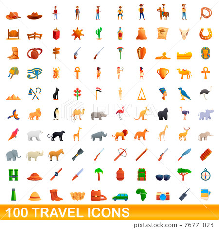 100 travel icons set, cartoon style 76771023