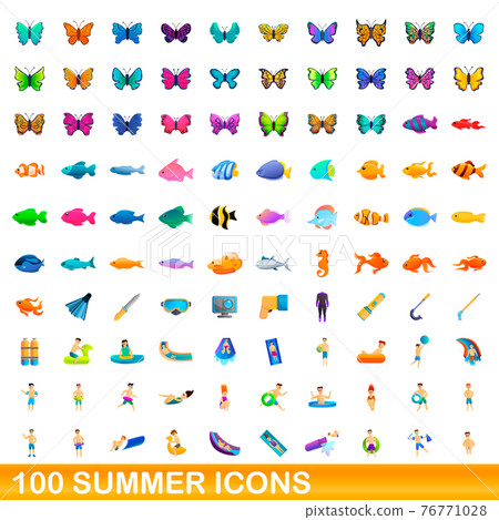 100 summer icons set, cartoon style 76771028