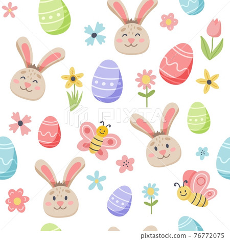 Easter spring pattern with cute bunny and decorated eggs. Hand drawn flat cartoon elements. illustration Easter spring pattern with cute bunny and decorated eggs. Hand drawn flat cartoon elements. illustration 76772075