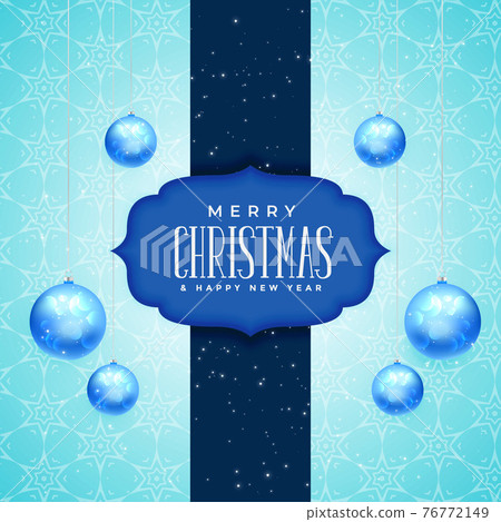 merry christmas and new year greeting card design with realistic hanging balls 76772149