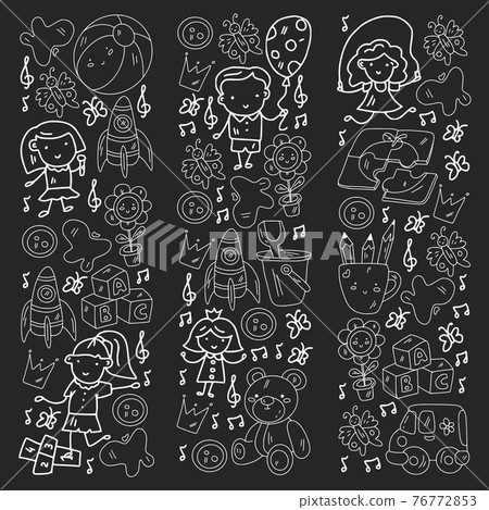 Kindergarten pattern with little children and toys. Creativity and imagination. Kindergarten pattern with little children and toys. Creativity and imagination. 76772853