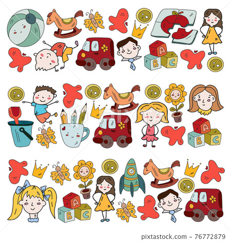 Kindergarten pattern with little children and toys. Creativity and imagination. 76772879