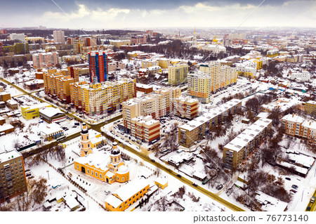 View from drone of snow covered Penza cityscape with Intercession Cathedral 76773140