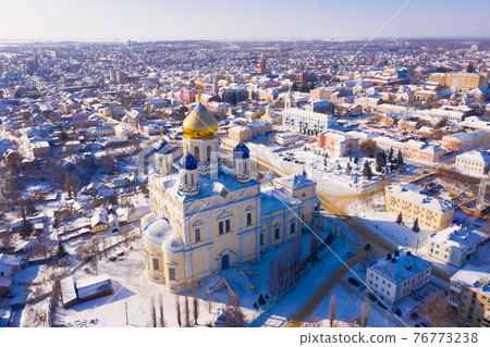 View from drone of Yelets cityscape with Ascension Cathedral in winter View from drone of Yelets cityscape with Ascension Cathedral in winter 76773238