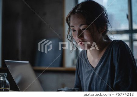 A woman working in the dark A woman working in the dark 76774218