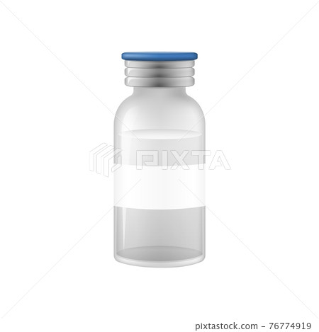 Vaccine vial. Realistic vaccination with blue top glass of drug immunization. 76774919